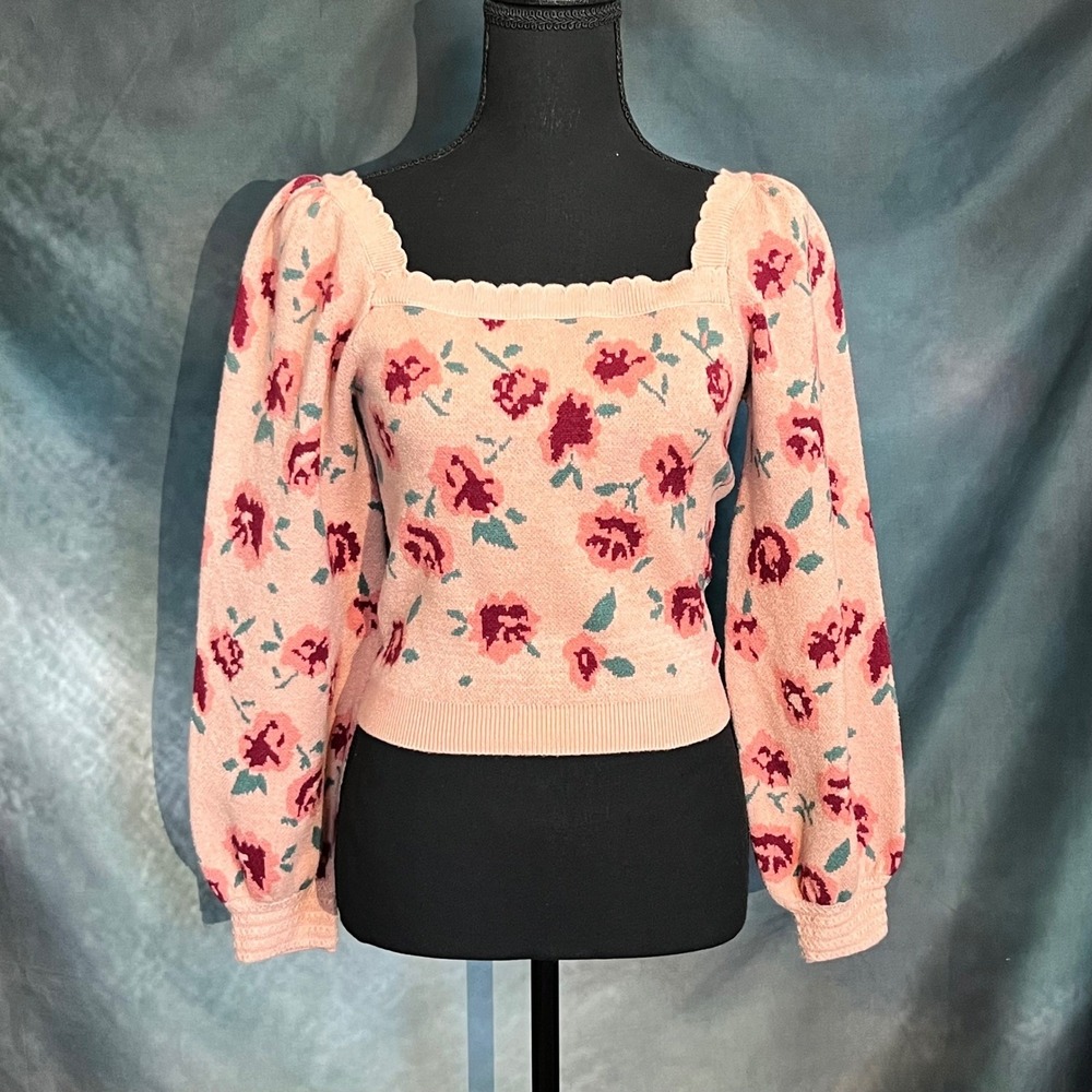 Willow Wind‎ Pink Floral Square Neck Puff Sleeve Cropped Sweater Size Medium